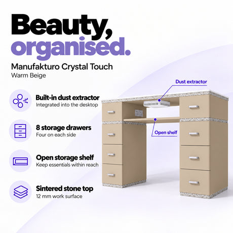 Manufakturo Crystal Touch Warm Beige manicure table with built-in dust extractor, eight storage drawers, an open shelf and a 12 mm sintered stone worktop.