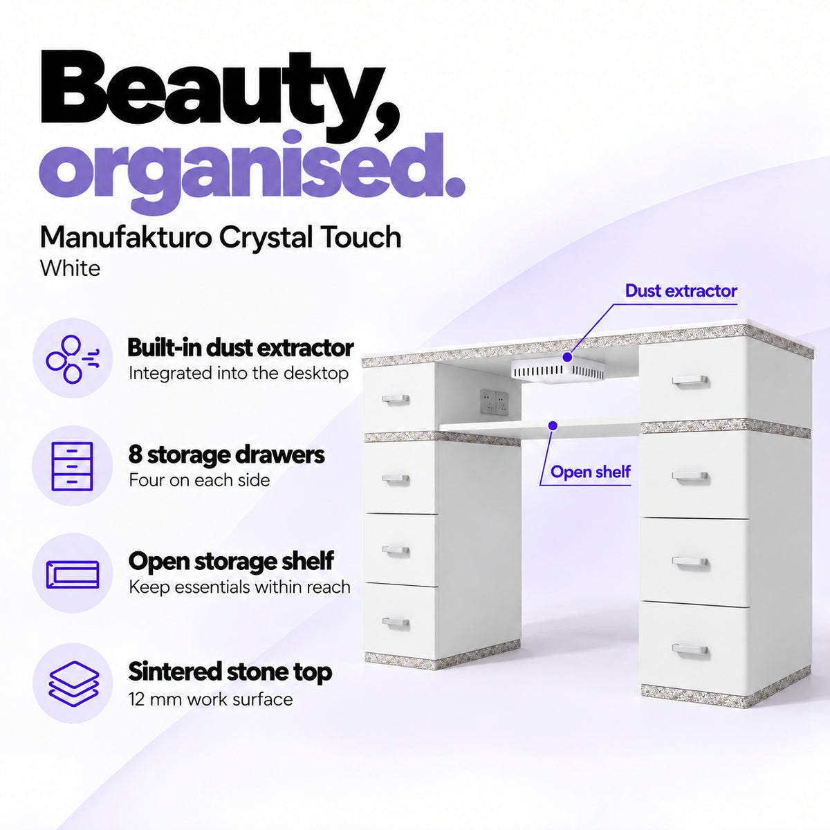 Manufakturo Crystal Touch White manicure table with built-in dust extractor, eight storage drawers, an open shelf and a 12 mm sintered stone worktop.