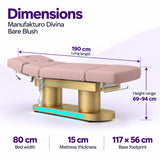 Manufakturo Divina electric spa treatment bed in Bare Blush with dimensions: 190 cm lying length, 80 cm bed width, 69–94 cm height range, 15 cm mattress thickness and 117 × 56 cm base footprint.