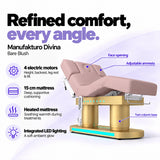 Manufakturo Divina electric spa treatment bed in Bare Blush, showing four electric motors, a 15 cm heated mattress, integrated LED lighting, face opening, adjustable armrests and twin-column base.