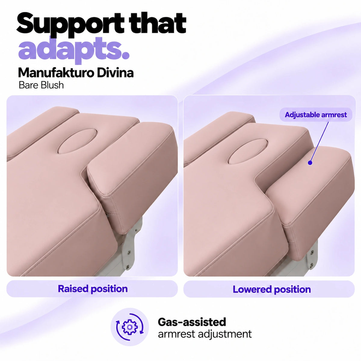 Manufakturo Divina Bare Blush spa treatment bed armrests in raised and lowered positions, showing gas-assisted adjustment and both padded side supports.