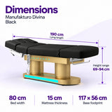 Manufakturo Divina electric spa treatment bed in Black with dimensions: 190 cm lying length, 80 cm bed width, 69–94 cm height range, 15 cm mattress thickness and 117 × 56 cm base footprint.