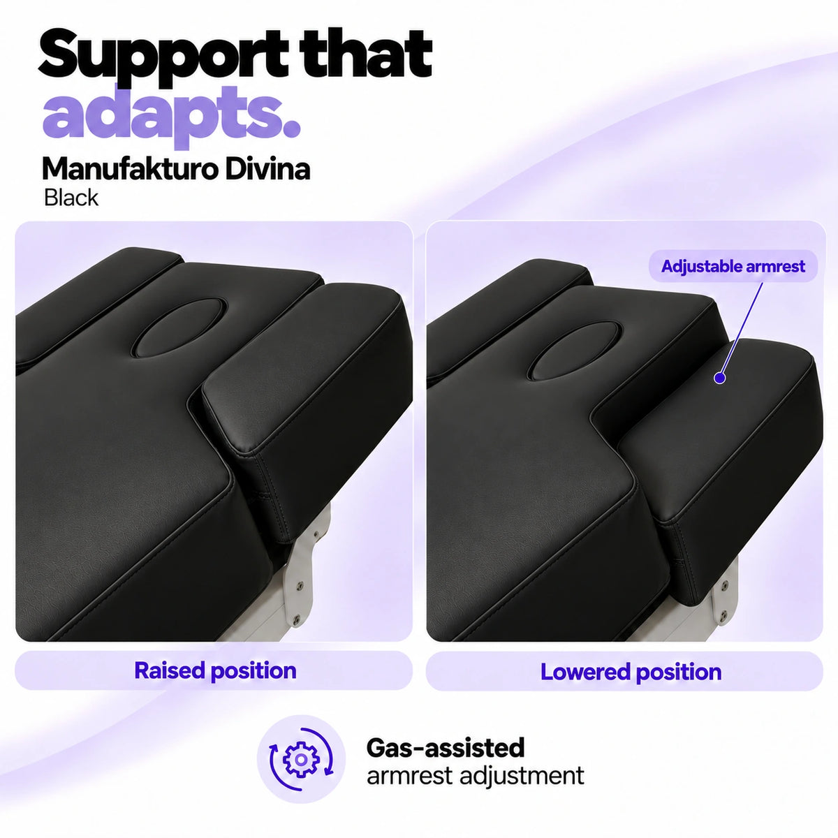 Manufakturo Divina Black spa treatment bed armrests in raised and lowered positions, showing gas-assisted adjustment and both padded side supports.