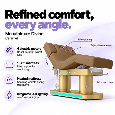 Manufakturo Divina electric spa treatment bed in Caramel, showing four electric motors, a 15 cm heated mattress, integrated LED lighting, face opening, adjustable armrests and twin-column base.