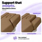 Manufakturo Divina Caramel spa treatment bed armrests in raised and lowered positions, showing gas-assisted adjustment and both padded side supports.