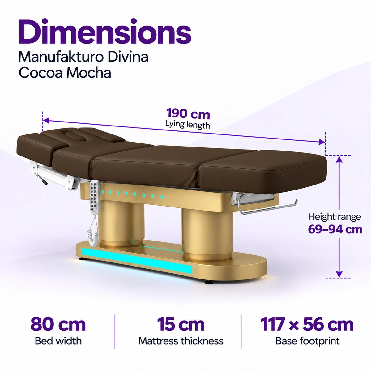 Manufakturo Divina electric spa treatment bed in Cocoa Mocha with dimensions: 190 cm lying length, 80 cm bed width, 69–94 cm height range, 15 cm mattress thickness and 117 × 56 cm base footprint.