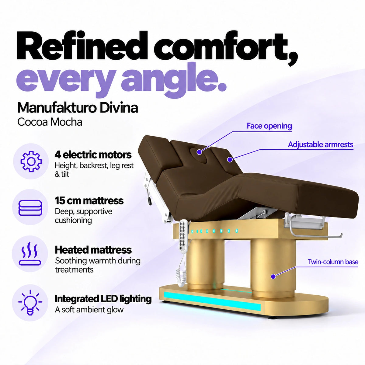 Manufakturo Divina electric spa treatment bed in Cocoa Mocha, showing four electric motors, a 15 cm heated mattress, integrated LED lighting, face opening, adjustable armrests and twin-column base.