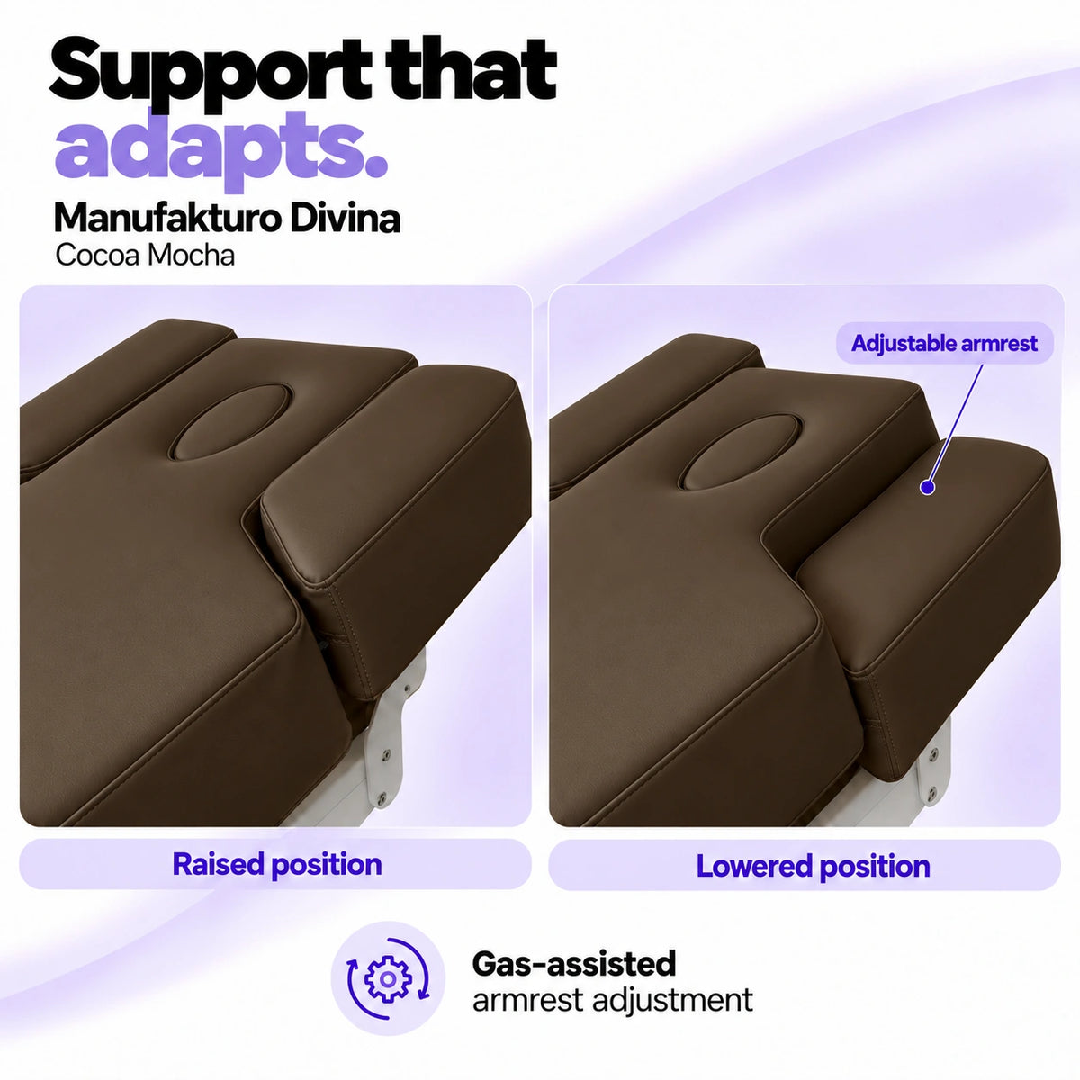 Manufakturo Divina Cocoa Mocha spa treatment bed armrests in raised and lowered positions, showing gas-assisted adjustment and both padded side supports.