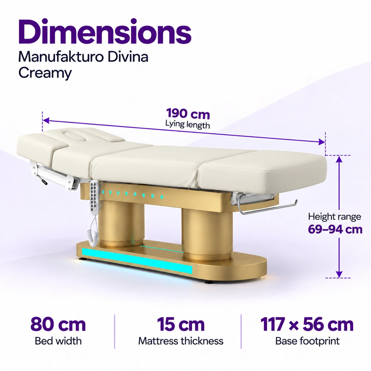 Manufakturo Divina electric spa treatment bed in Creamy with dimensions: 190 cm lying length, 80 cm bed width, 69–94 cm height range, 15 cm mattress thickness and 117 × 56 cm base footprint.