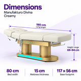Manufakturo Divina electric spa treatment bed in Creamy with dimensions: 190 cm lying length, 80 cm bed width, 69–94 cm height range, 15 cm mattress thickness and 117 × 56 cm base footprint.
