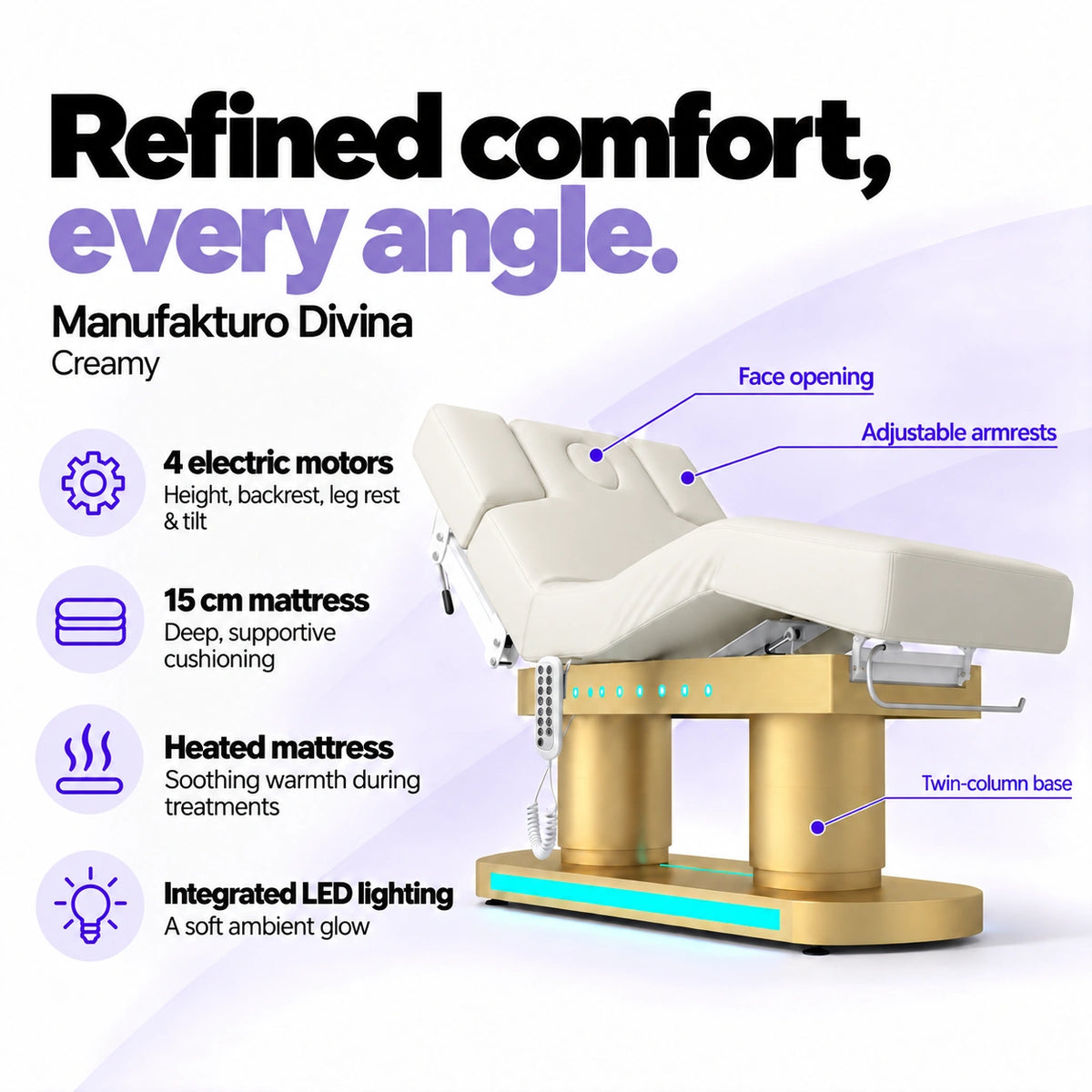 Manufakturo Divina electric spa treatment bed in Creamy, showing four electric motors, a 15 cm heated mattress, integrated LED lighting, face opening, adjustable armrests and twin-column base.