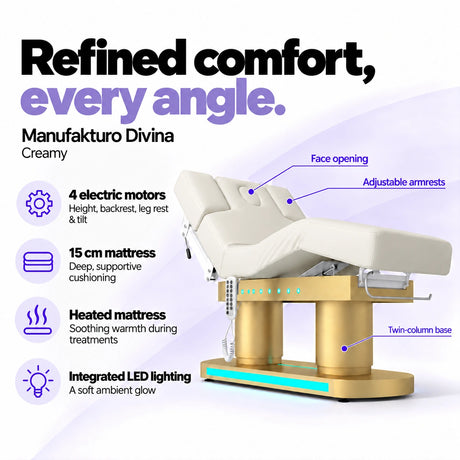Manufakturo Divina electric spa treatment bed in Creamy, showing four electric motors, a 15 cm heated mattress, integrated LED lighting, face opening, adjustable armrests and twin-column base.