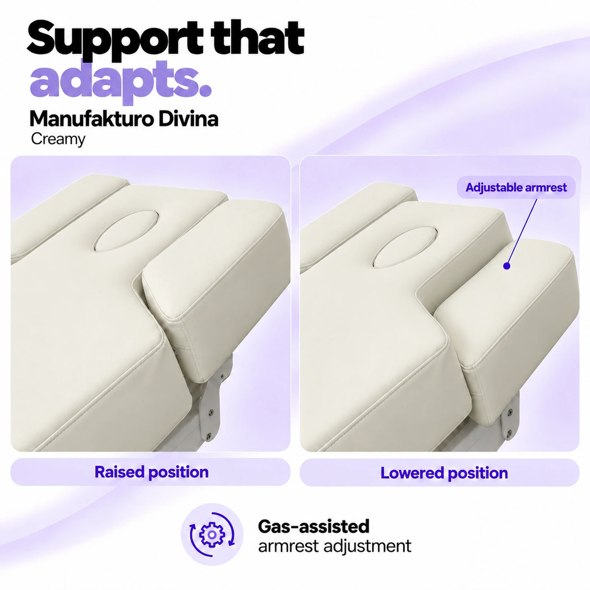 Manufakturo Divina Creamy spa treatment bed armrests in raised and lowered positions, showing gas-assisted adjustment and both padded side supports.