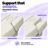 Manufakturo Divina Creamy spa treatment bed armrests in raised and lowered positions, showing gas-assisted adjustment and both padded side supports.