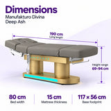 Manufakturo Divina electric spa treatment bed in Deep Ash with dimensions: 190 cm lying length, 80 cm bed width, 69–94 cm height range, 15 cm mattress thickness and 117 × 56 cm base footprint.
