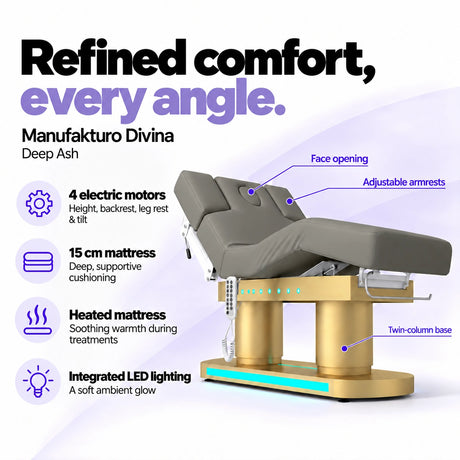 Manufakturo Divina electric spa treatment bed in Deep Ash, showing four electric motors, a 15 cm heated mattress, integrated LED lighting, face opening, adjustable armrests and twin-column base.