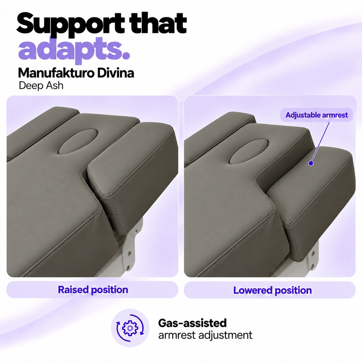 Manufakturo Divina Deep Ash spa treatment bed armrests in raised and lowered positions, showing gas-assisted adjustment and both padded side supports.
