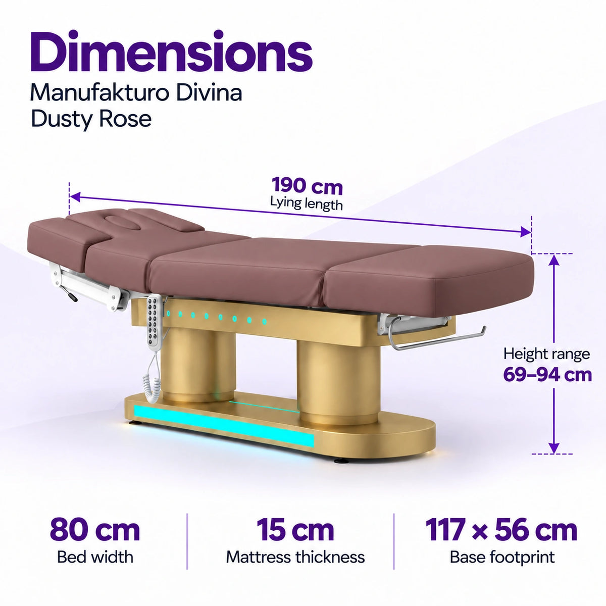 Manufakturo Divina electric spa treatment bed in Dusty Rose with dimensions: 190 cm lying length, 80 cm bed width, 69–94 cm height range, 15 cm mattress thickness and 117 × 56 cm base footprint.