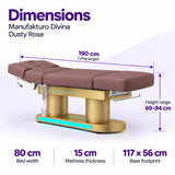 Manufakturo Divina electric spa treatment bed in Dusty Rose with dimensions: 190 cm lying length, 80 cm bed width, 69–94 cm height range, 15 cm mattress thickness and 117 × 56 cm base footprint.