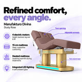 Manufakturo Divina electric spa treatment bed in Dusty Rose, showing four electric motors, a 15 cm heated mattress, integrated LED lighting, face opening, adjustable armrests and twin-column base.