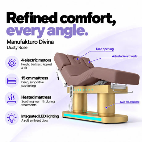 Manufakturo Divina electric spa treatment bed in Dusty Rose, showing four electric motors, a 15 cm heated mattress, integrated LED lighting, face opening, adjustable armrests and twin-column base.
