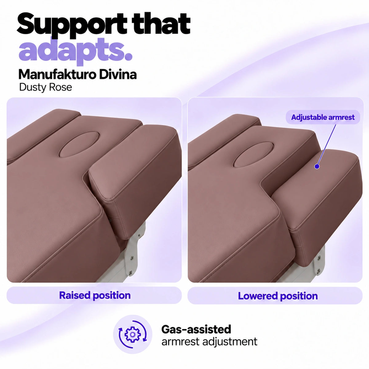 Manufakturo Divina Dusty Rose spa treatment bed armrests in raised and lowered positions, showing gas-assisted adjustment and both padded side supports.