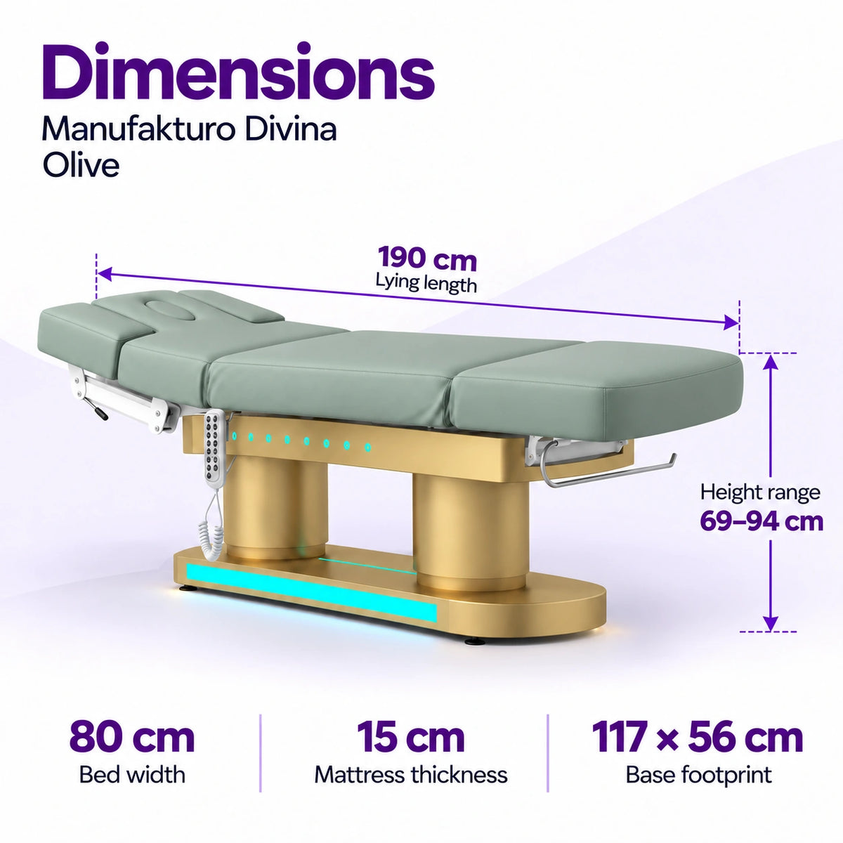 Manufakturo Divina electric spa treatment bed in Olive with dimensions: 190 cm lying length, 80 cm bed width, 69–94 cm height range, 15 cm mattress thickness and 117 × 56 cm base footprint.