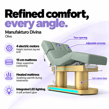 Manufakturo Divina electric spa treatment bed in Olive, showing four electric motors, a 15 cm heated mattress, integrated LED lighting, face opening, adjustable armrests and twin-column base.
