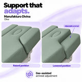 Manufakturo Divina Olive spa treatment bed armrests in raised and lowered positions, showing gas-assisted adjustment and both padded side supports.