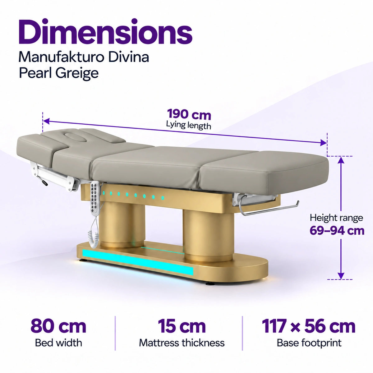 Manufakturo Divina electric spa treatment bed in Pearl Greige with dimensions: 190 cm lying length, 80 cm bed width, 69–94 cm height range, 15 cm mattress thickness and 117 × 56 cm base footprint.