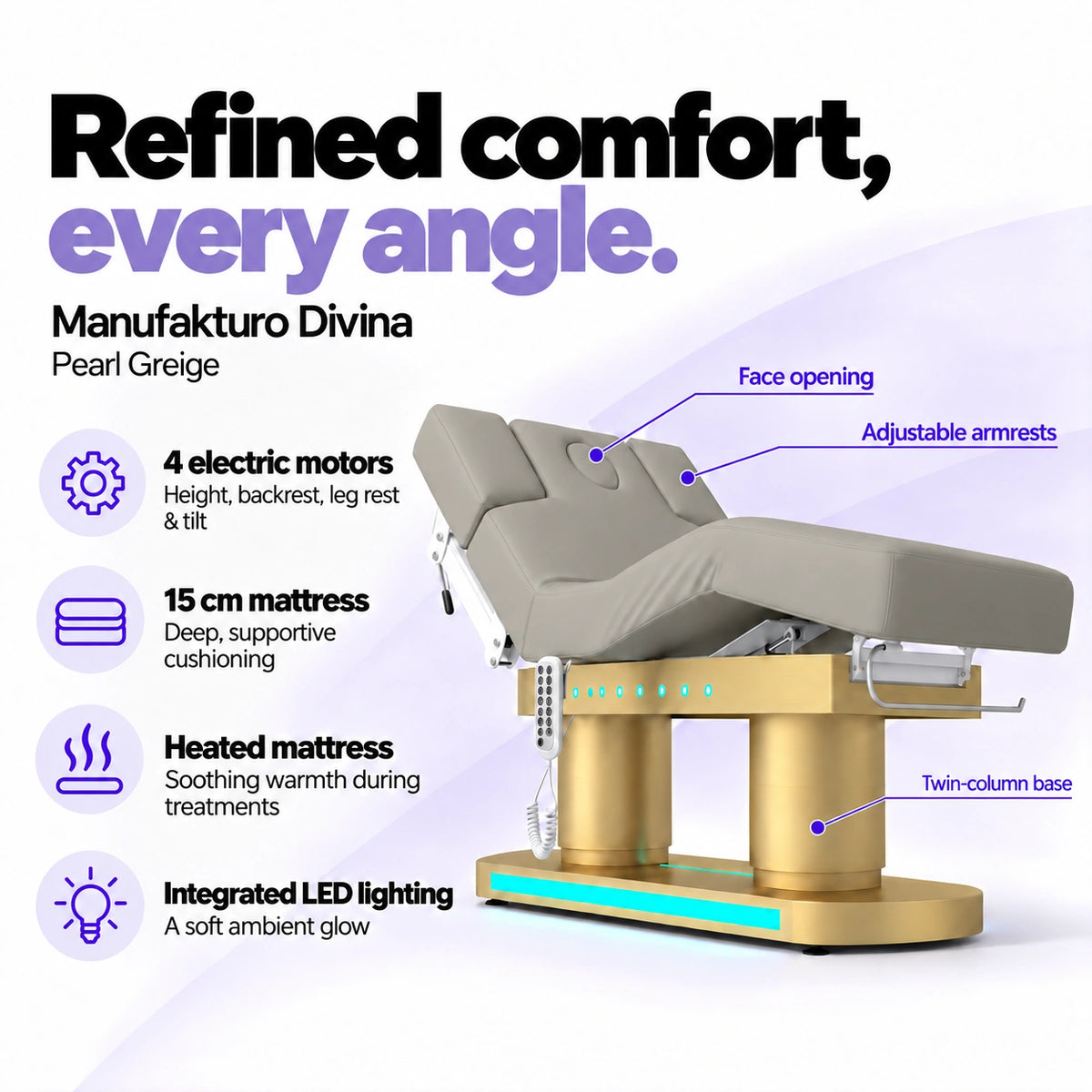 Manufakturo Divina electric spa treatment bed in Pearl Greige, showing four electric motors, a 15 cm heated mattress, integrated LED lighting, face opening, adjustable armrests and twin-column base.