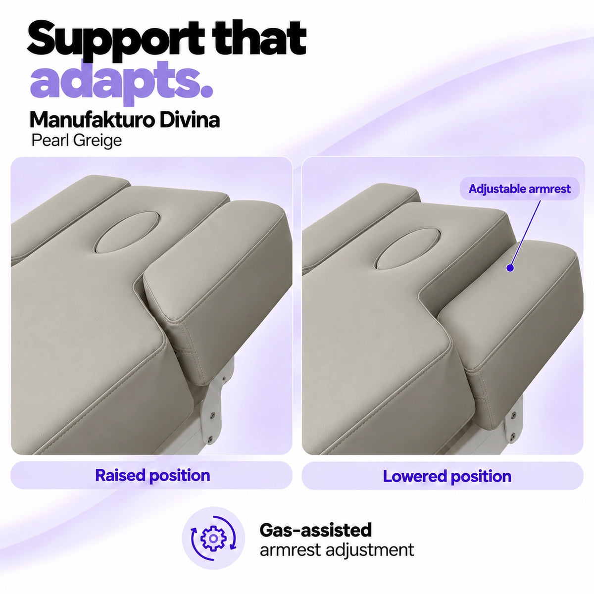Manufakturo Divina Pearl Greige spa treatment bed armrests in raised and lowered positions, showing gas-assisted adjustment and both padded side supports.