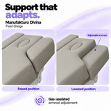 Manufakturo Divina Pearl Greige spa treatment bed armrests in raised and lowered positions, showing gas-assisted adjustment and both padded side supports.