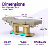 Manufakturo Divina electric spa treatment bed in Stone Taupe with dimensions: 190 cm lying length, 80 cm bed width, 69–94 cm height range, 15 cm mattress thickness and 117 × 56 cm base footprint.