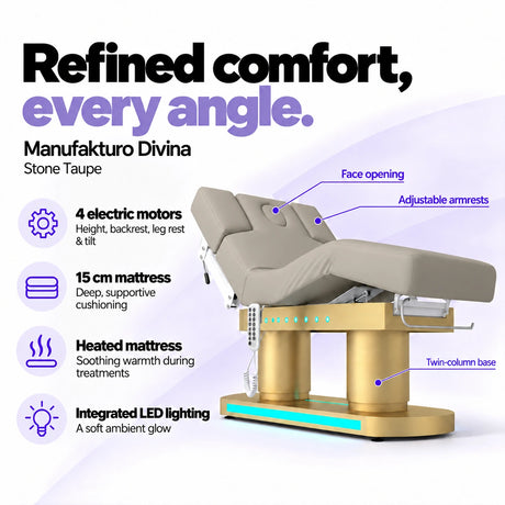 Manufakturo Divina electric spa treatment bed in Stone Taupe, showing four electric motors, a 15 cm heated mattress, integrated LED lighting, face opening, adjustable armrests and twin-column base.