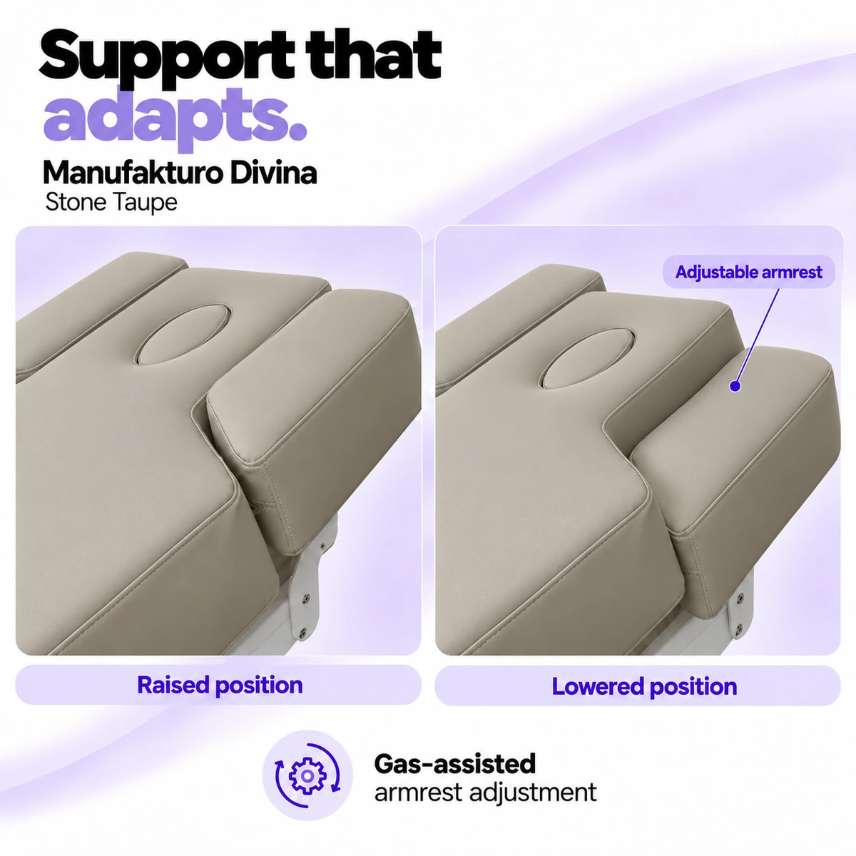 Manufakturo Divina Stone Taupe spa treatment bed armrests in raised and lowered positions, showing gas-assisted adjustment and both padded side supports.