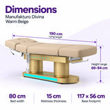 Manufakturo Divina electric spa treatment bed in Warm Beige with dimensions: 190 cm lying length, 80 cm bed width, 69–94 cm height range, 15 cm mattress thickness and 117 × 56 cm base footprint.