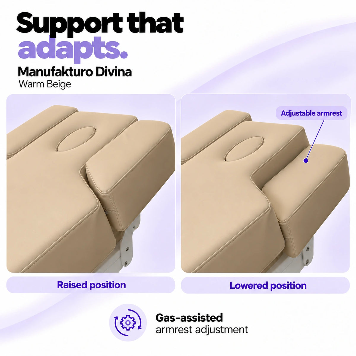 Manufakturo Divina Warm Beige spa treatment bed armrests in raised and lowered positions, showing gas-assisted adjustment and both padded side supports.