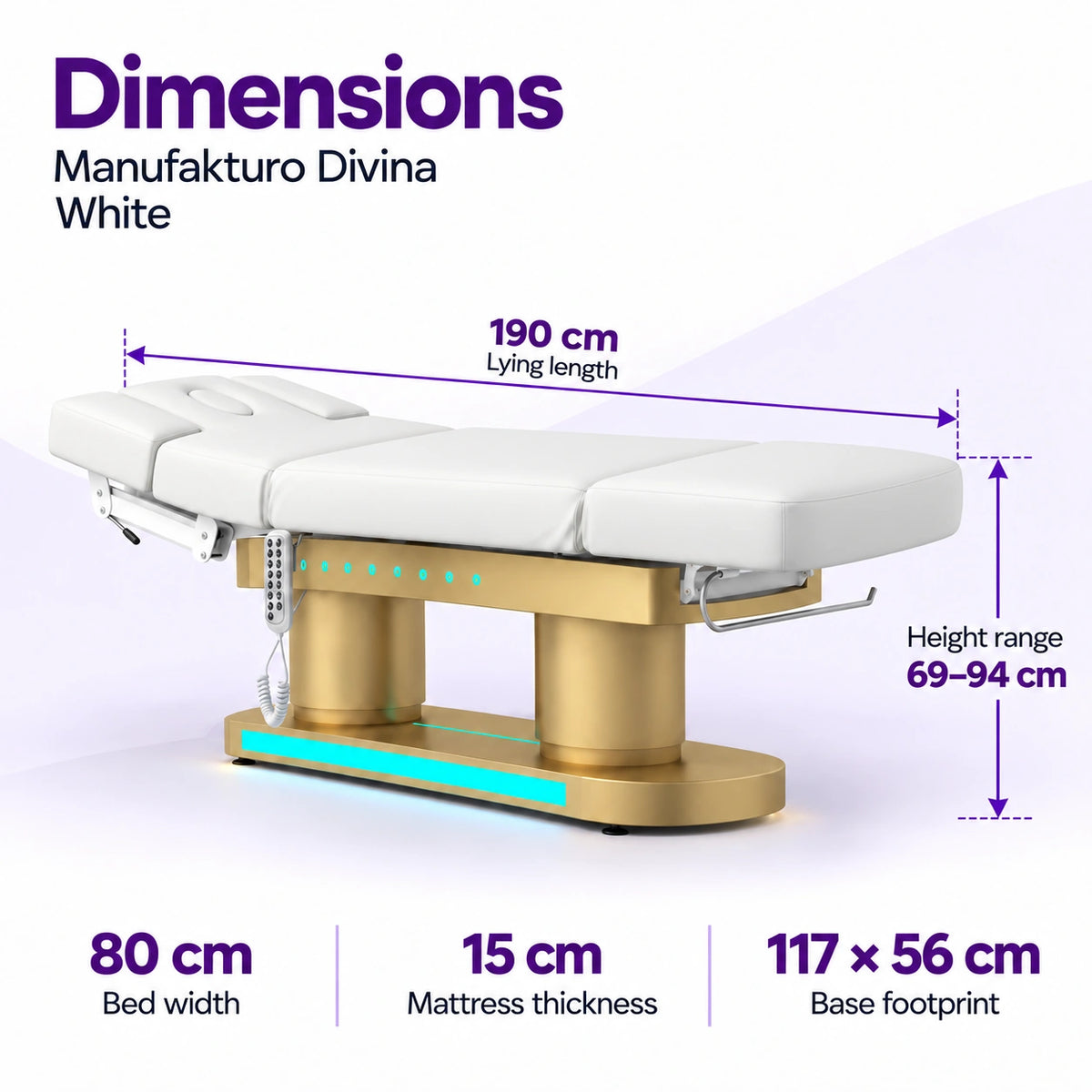 Manufakturo Divina electric spa treatment bed in White with dimensions: 190 cm lying length, 80 cm bed width, 69–94 cm height range, 15 cm mattress thickness and 117 × 56 cm base footprint.
