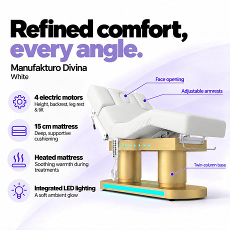 Manufakturo Divina electric spa treatment bed in White, showing four electric motors, a 15 cm heated mattress, integrated LED lighting, face opening, adjustable armrests and twin-column base.