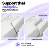Manufakturo Divina White spa treatment bed armrests in raised and lowered positions, showing gas-assisted adjustment and both padded side supports.