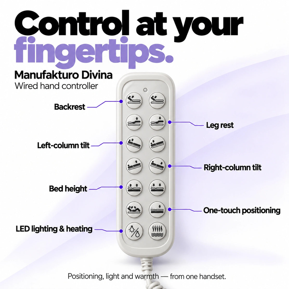 Manufakturo Divina wired hand controller with 14 buttons for backrest, leg rest, independent column tilt, bed height, one-touch positioning, LED lighting and mattress heating.