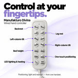 Manufakturo Divina wired hand controller with 14 buttons for backrest, leg rest, independent column tilt, bed height, one-touch positioning, LED lighting and mattress heating.