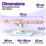 Manufakturo Éclat Bare Blush beauty bed dimensions: 183 cm lying length, 62 cm bed width, 60–84 cm height range, 90 cm width including armrests, 110 × 58 cm base footprint and 52 cm armrest length.