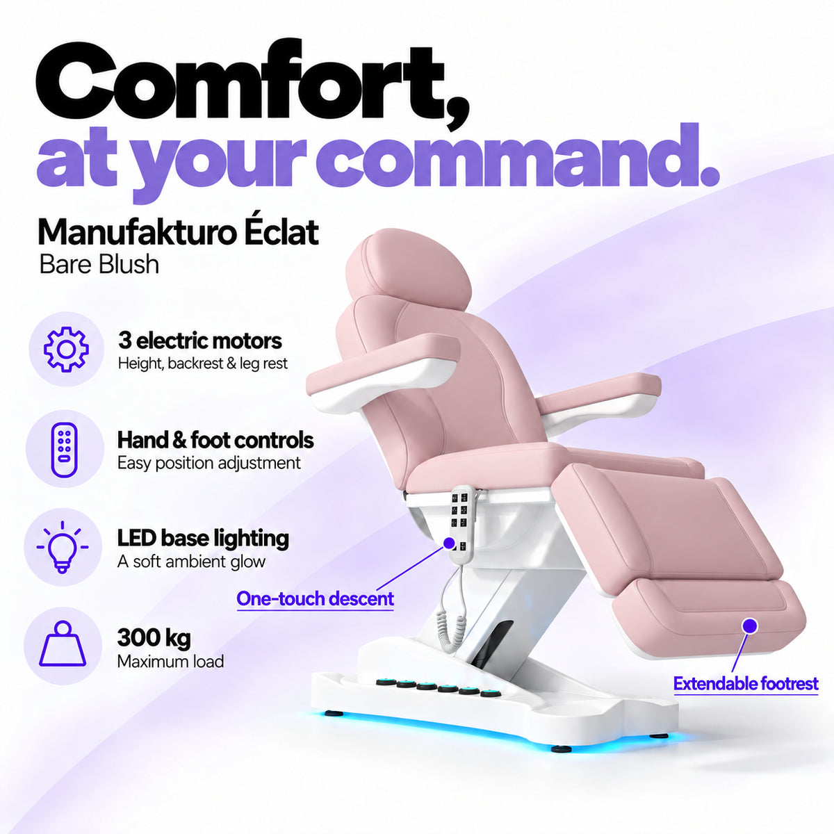 Manufakturo Éclat Bare Blush electric beauty bed with three electric motors, hand and foot controls, LED base lighting, 300 kg maximum load, one-touch descent, an extendable footrest and a solid one-piece headrest.