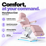 Manufakturo Éclat Bare Blush electric beauty bed with three electric motors, hand and foot controls, LED base lighting, 300 kg maximum load, one-touch descent, an extendable footrest and a solid one-piece headrest.