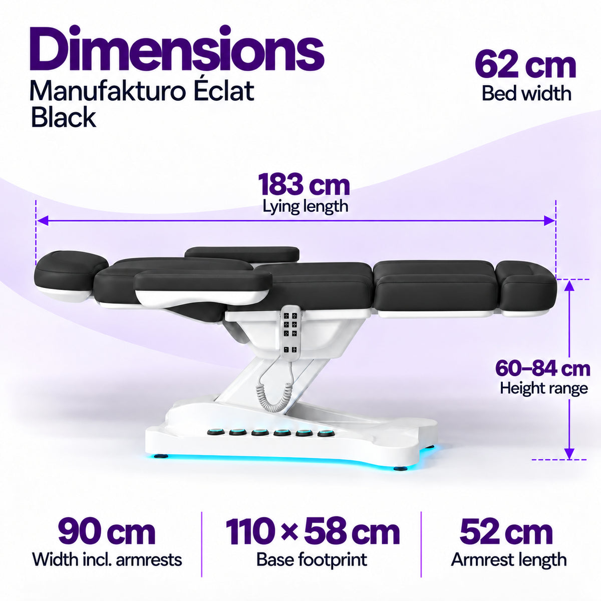 Manufakturo Éclat Black beauty bed dimensions: 183 cm lying length, 62 cm bed width, 60–84 cm height range, 90 cm width including armrests, 110 × 58 cm base footprint and 52 cm armrest length.