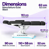 Manufakturo Éclat Black beauty bed dimensions: 183 cm lying length, 62 cm bed width, 60–84 cm height range, 90 cm width including armrests, 110 × 58 cm base footprint and 52 cm armrest length.