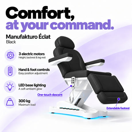 Manufakturo Éclat Black electric beauty bed with three electric motors, hand and foot controls, LED base lighting, 300 kg maximum load, one-touch descent, an extendable footrest and a solid one-piece headrest.