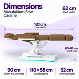 Manufakturo Éclat Caramel beauty bed dimensions: 183 cm lying length, 62 cm bed width, 60–84 cm height range, 90 cm width including armrests, 110 × 58 cm base footprint and 52 cm armrest length.